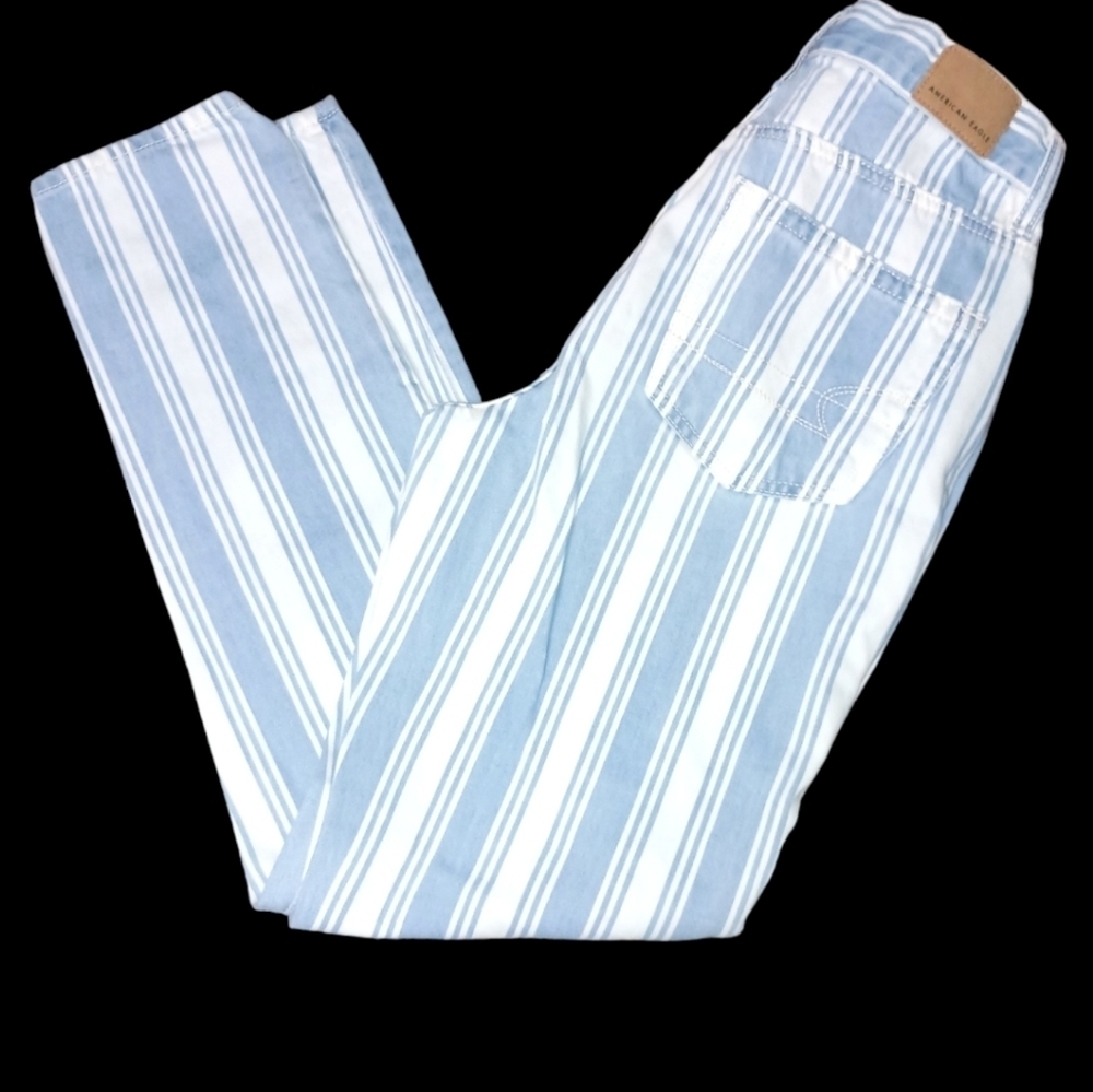 American Eagle Blue/White Striped Mom Jeans 00 Regular - Picture 1 of 8